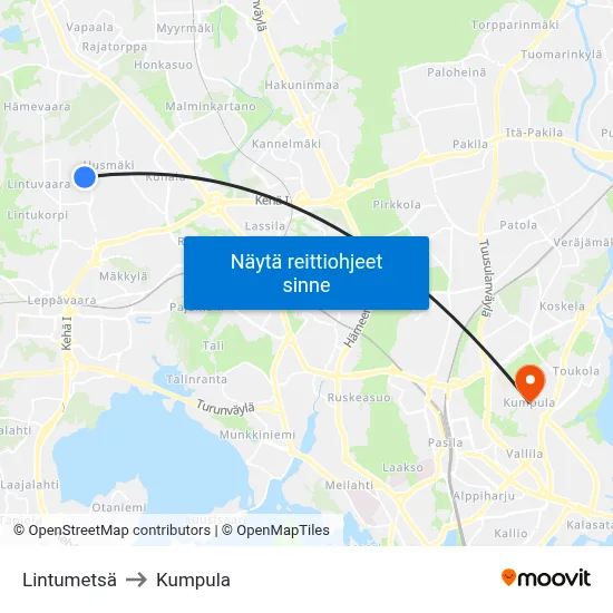 Lintumetsä to Kumpula map