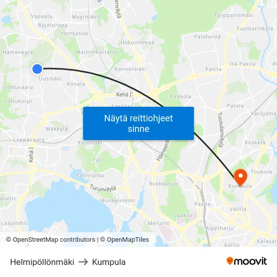 Helmipöllönmäki to Kumpula map
