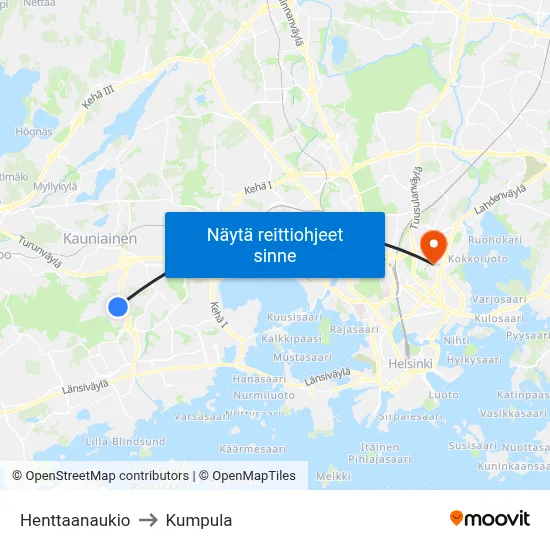 Henttaanaukio to Kumpula map