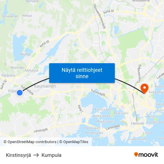 Kirstinsyrjä to Kumpula map