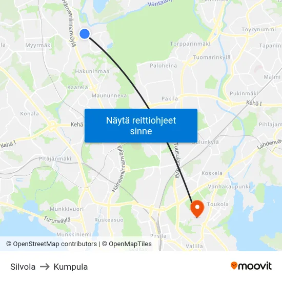 Silvola to Kumpula map