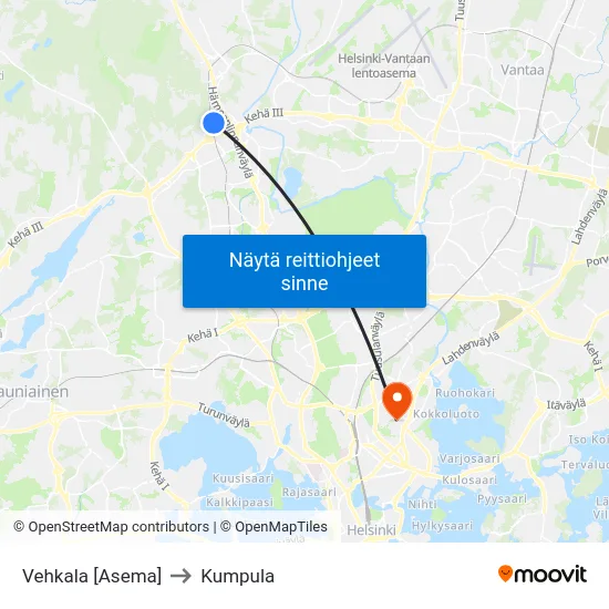 Vehkala [Asema] to Kumpula map