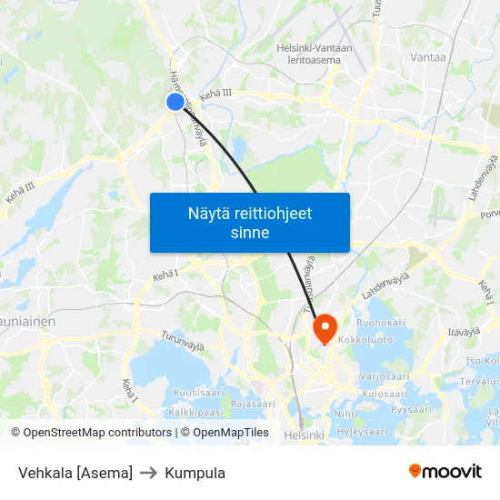 Vehkala [Asema] to Kumpula map