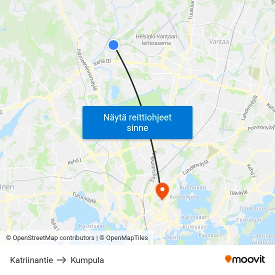 Katriinantie to Kumpula map