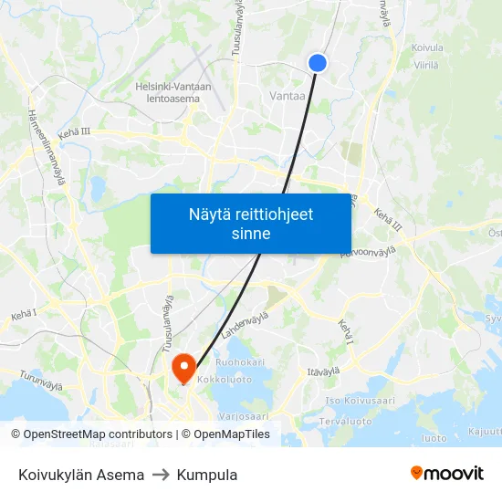 Koivukylän Asema to Kumpula map
