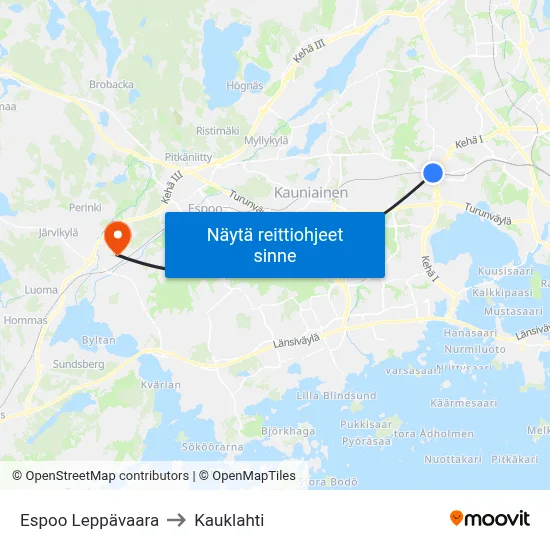 Espoo Leppävaara to Kauklahti map