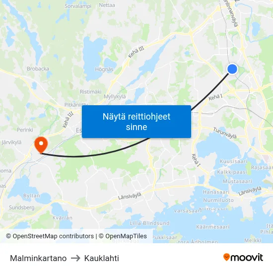 Malminkartano to Kauklahti map