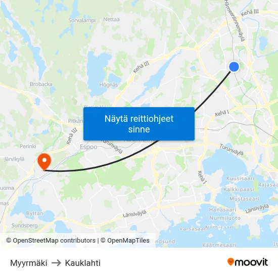 Myyrmäki to Kauklahti map