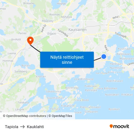 Tapiola to Kauklahti map