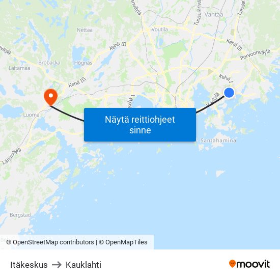 Itäkeskus to Kauklahti map