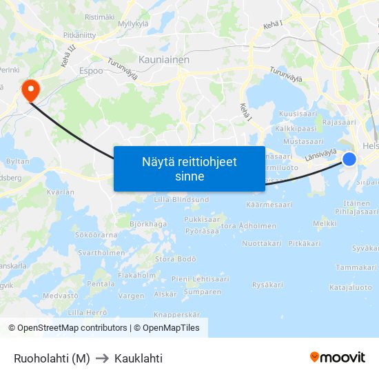 Ruoholahti (M) to Kauklahti map