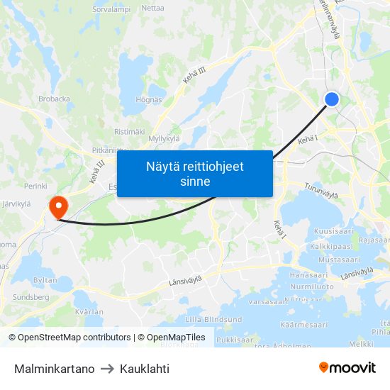 Malminkartano to Kauklahti map