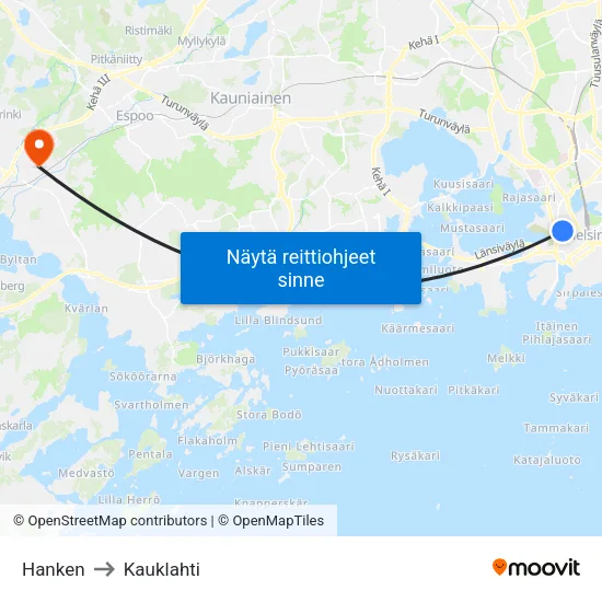 Hanken to Kauklahti map