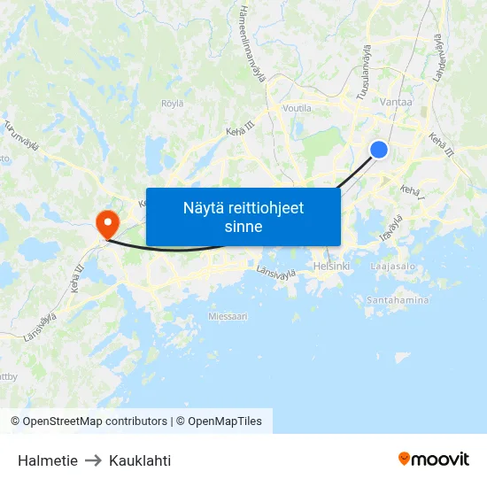 Halmetie to Kauklahti map