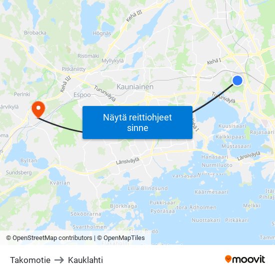 Takomotie to Kauklahti map