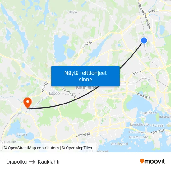 Ojapolku to Kauklahti map