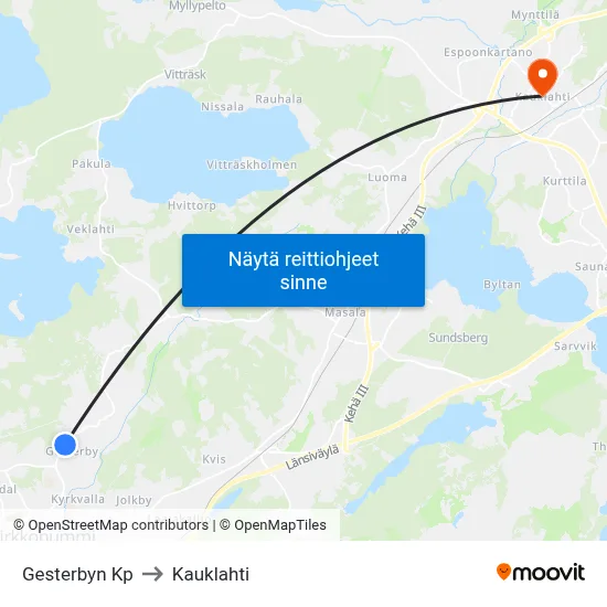 Gesterbyn Kp to Kauklahti map