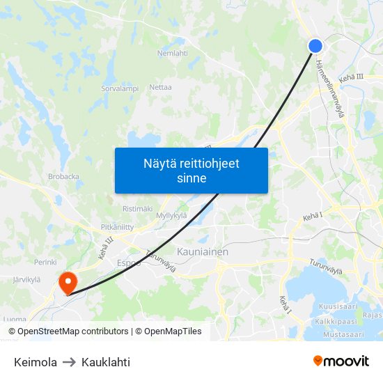 Keimola to Kauklahti map