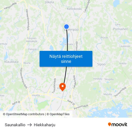 Saunakallio to Hiekkaharju map