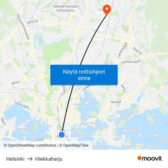 Helsinki to Hiekkaharju map