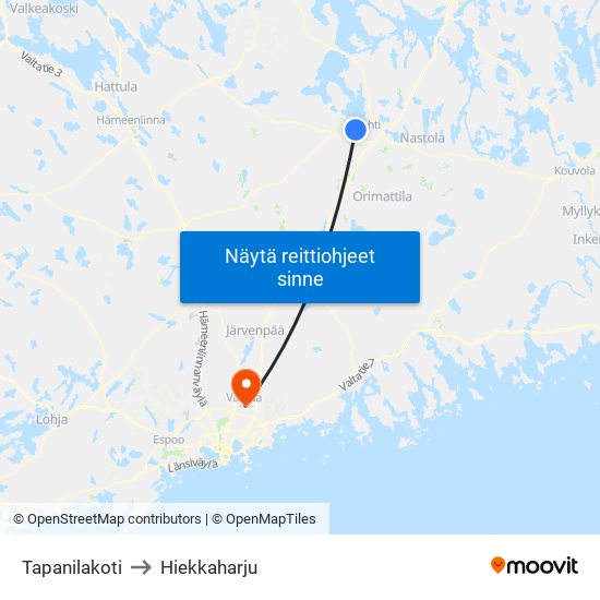 Tapanilakoti to Hiekkaharju map