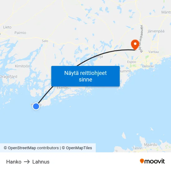 Hanko to Lahnus map