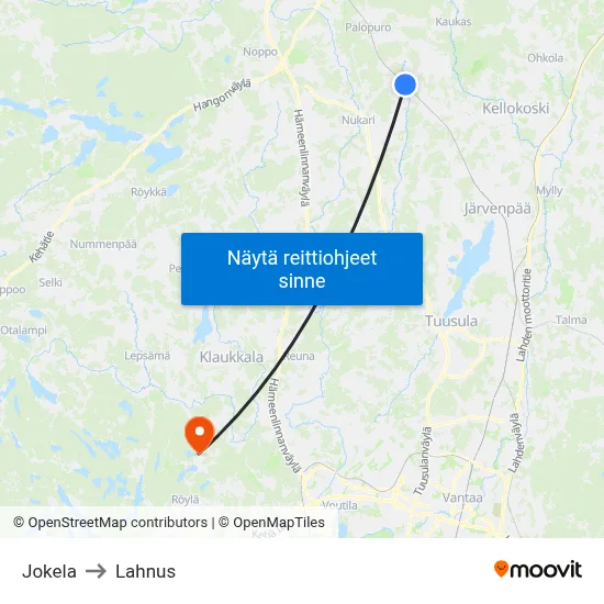 Jokela to Lahnus map