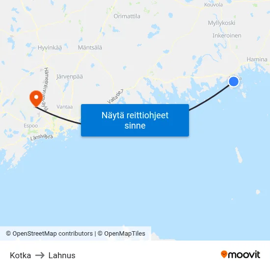 Kotka to Lahnus map