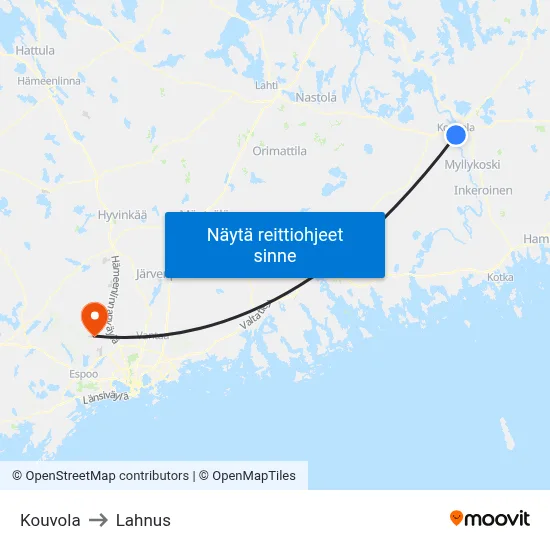 Kouvola to Lahnus map