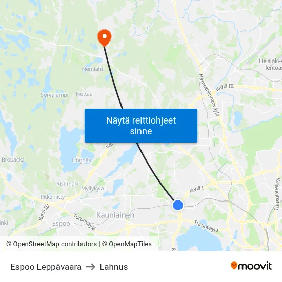 Espoo Leppävaara to Lahnus map
