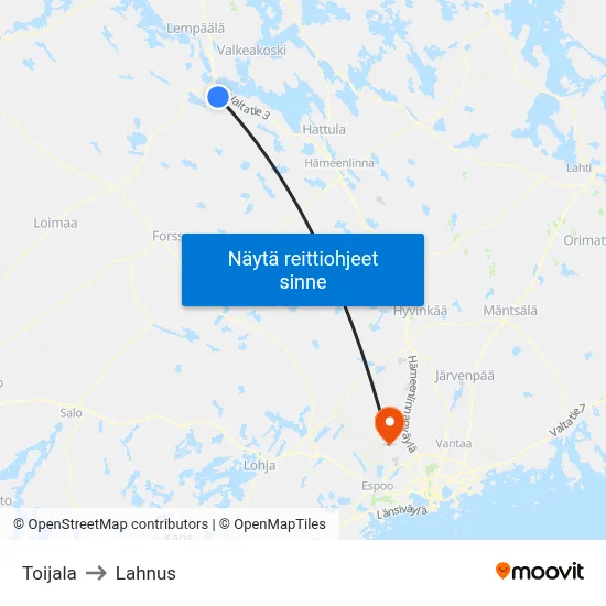 Toijala to Lahnus map
