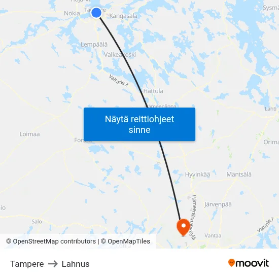 Tampere to Lahnus map