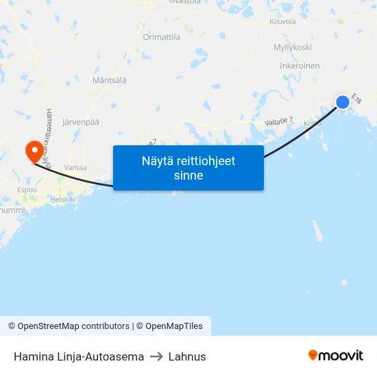Hamina Linja-Autoasema to Lahnus map