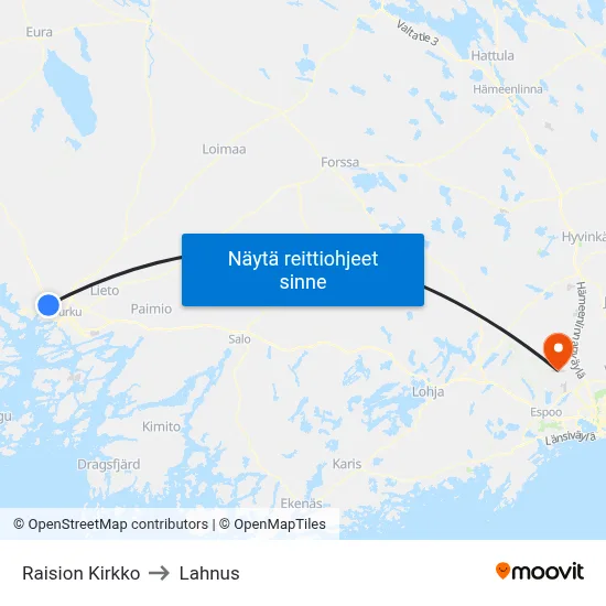 Raision Kirkko to Lahnus map
