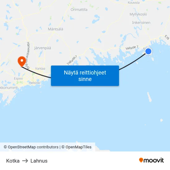 Kotka to Lahnus map