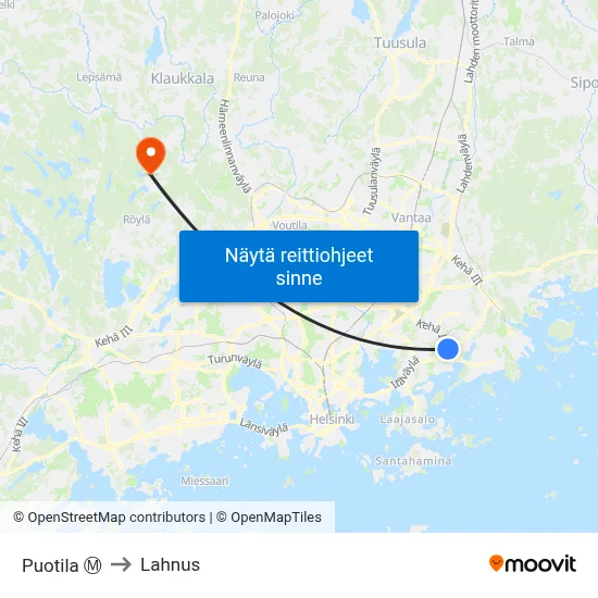 Puotila Ⓜ️ to Lahnus map