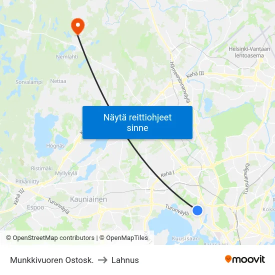 Munkkivuoren Ostosk. to Lahnus map