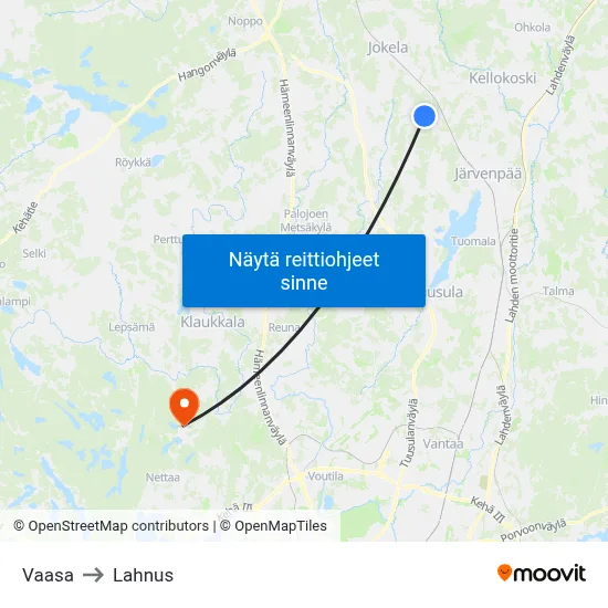 Vaasa to Lahnus map