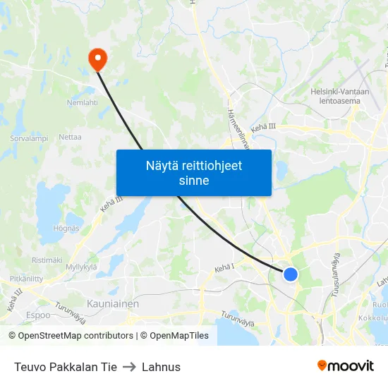 Teuvo Pakkalan Tie to Lahnus map