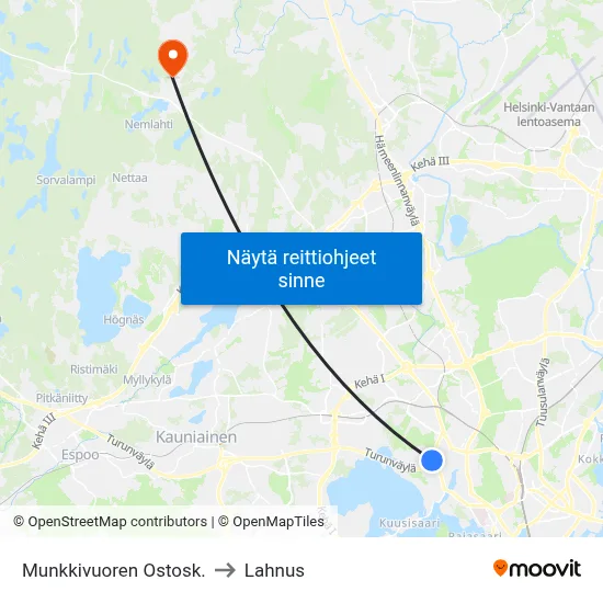 Munkkivuoren Ostosk. to Lahnus map