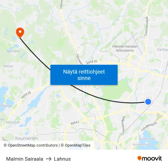 Malmin Sairaala to Lahnus map