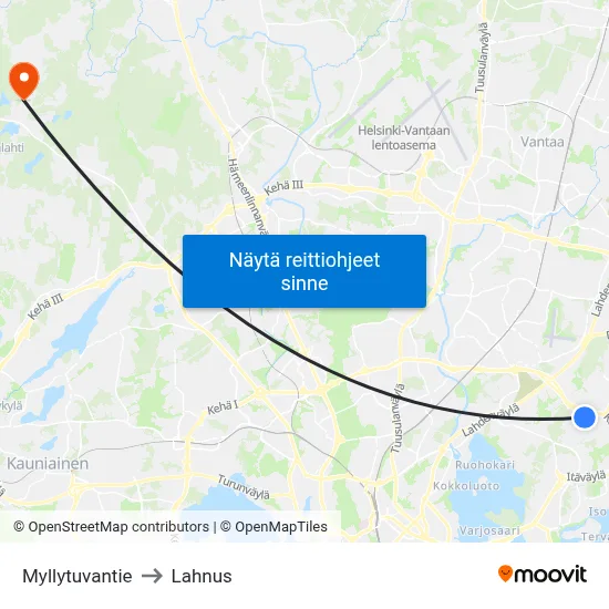 Myllytuvantie to Lahnus map