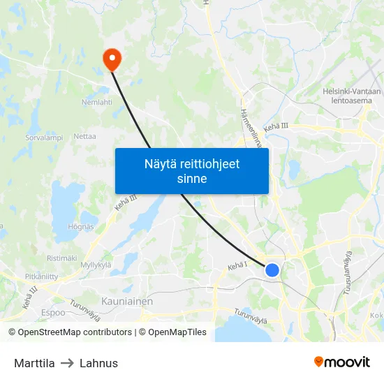 Marttila to Lahnus map