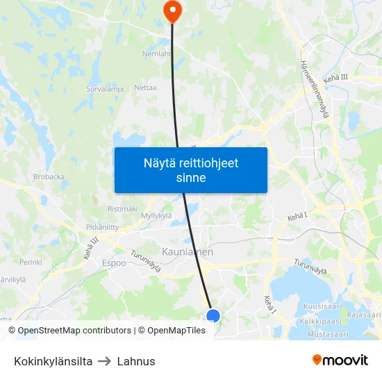 Kokinkylänsilta to Lahnus map