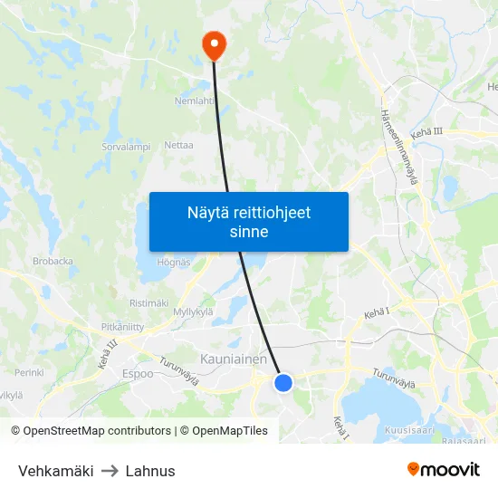 Vehkamäki to Lahnus map