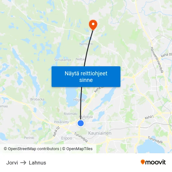 Jorvi to Lahnus map