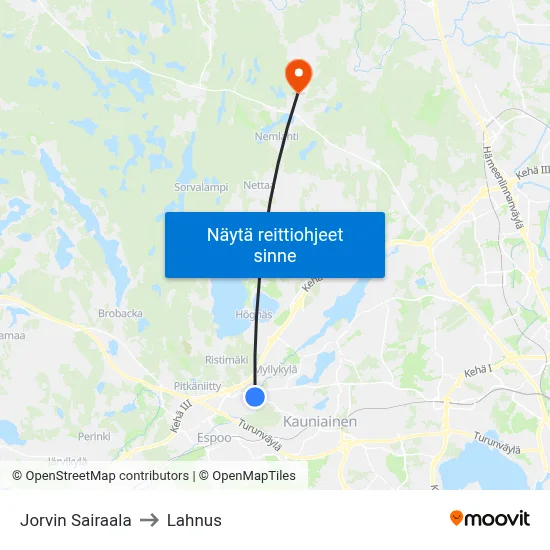 Jorvin Sairaala to Lahnus map