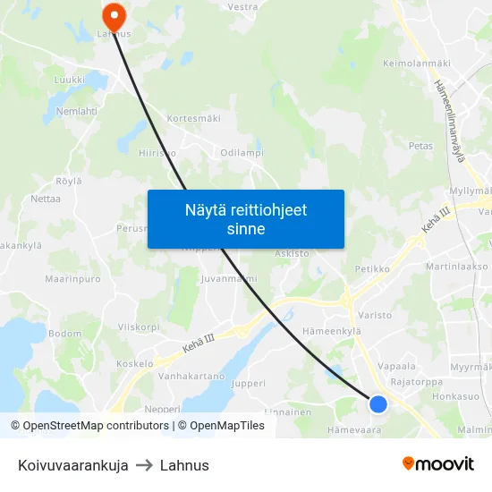 Koivuvaarankuja to Lahnus map