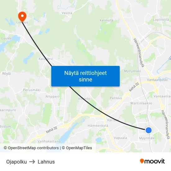 Ojapolku to Lahnus map