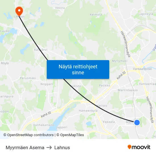 Myyrmäen Asema to Lahnus map